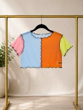 NWT Colorblock Sheer Mesh Crop Top | Pink Blue Orange Neon Green | Size 2XL